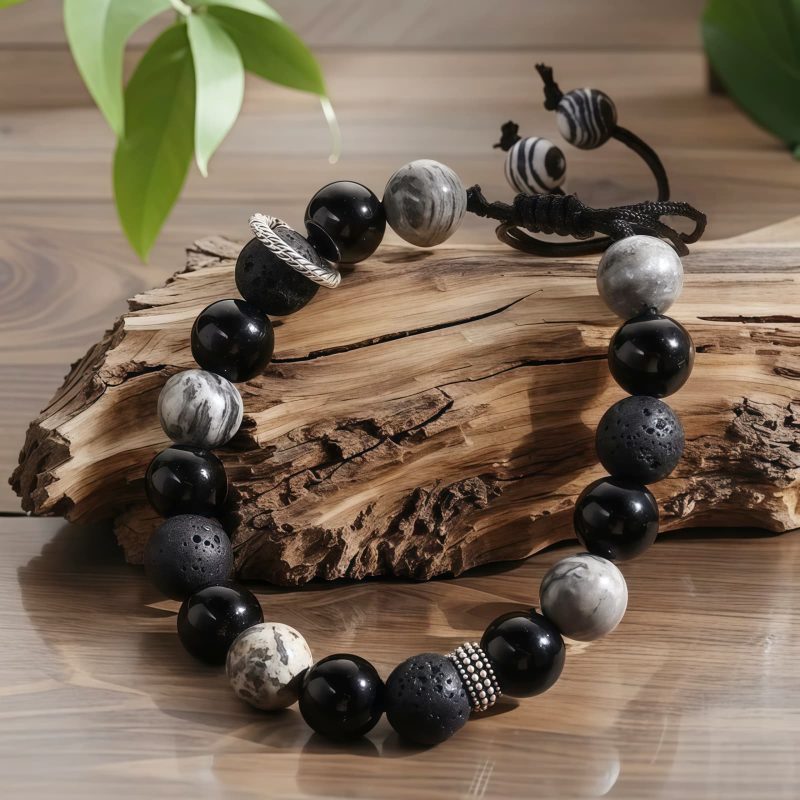 Pulsera de Bienestar con Roca Volcánica y Obsidiana Vintage Vintage Lava Rock and Obsidian Wellness Bracelet
