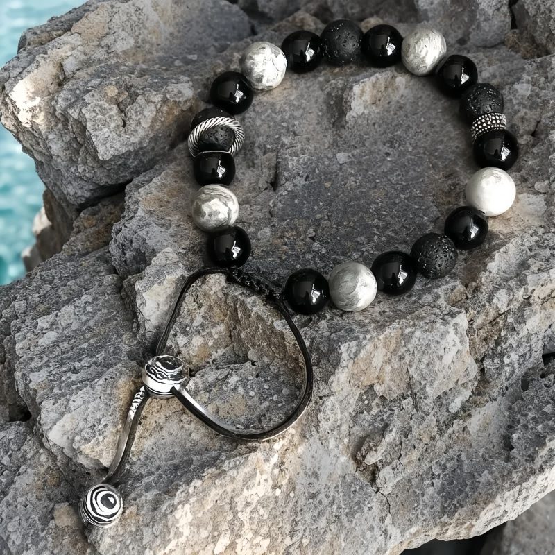 Pulsera de Bienestar con Roca Volcánica y Obsidiana Vintage Vintage Lava Rock and Obsidian Wellness Bracelet