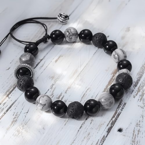 Pulsera de Bienestar con Roca Volcánica y Obsidiana Vintage Pulsera de Bienestar con Roca Volcánica y Obsidiana Vintage