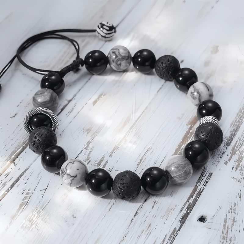 Pulsera de Bienestar con Roca Volcánica y Obsidiana Vintage Vintage Lava Rock and Obsidian Wellness Bracelet