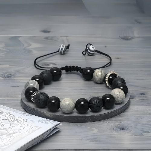 Pulsera de Bienestar con Roca Volcánica y Obsidiana Vintage Pulsera de Bienestar con Roca Volcánica y Obsidiana Vintage
