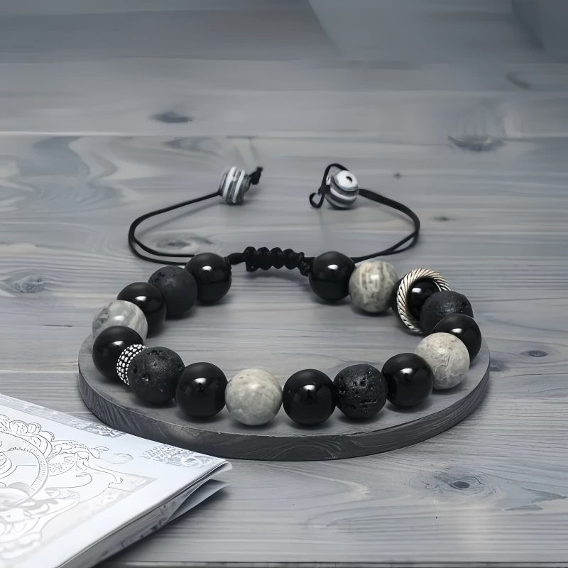 Pulsera de Bienestar con Roca Volcánica y Obsidiana Vintage Vintage Lava Rock and Obsidian Wellness Bracelet