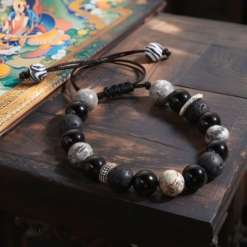 Pulsera de Bienestar con Roca Volcánica y Obsidiana Vintage Vintage Lava Rock and Obsidian Wellness Bracelet