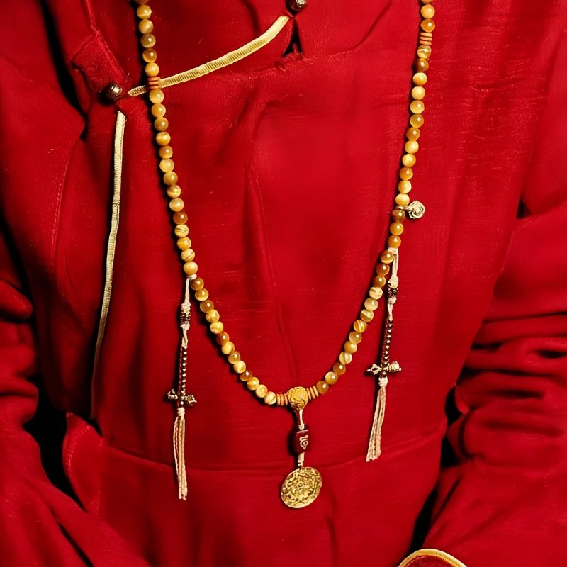 سوار يد من خرز مالا 108 حبة من عين النمر مع شرابة دورجي 108 Mala Beads Tiger Eye Dorje Tassel Bracelet