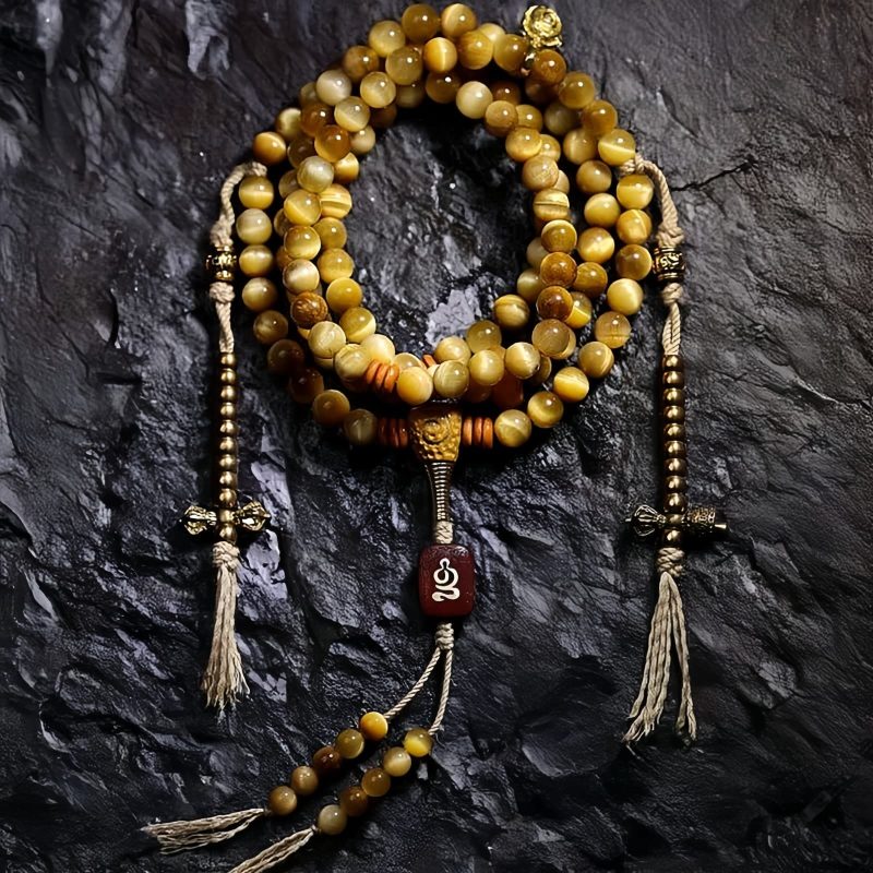 سوار يد من خرز مالا 108 حبة من عين النمر مع شرابة دورجي 108 Mala Beads Tiger Eye Dorje Tassel Bracelet