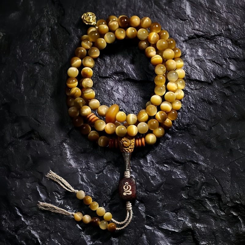سوار يد من خرز مالا 108 حبة من عين النمر مع شرابة دورجي 108 Mala Beads Tiger Eye Dorje Tassel Bracelet