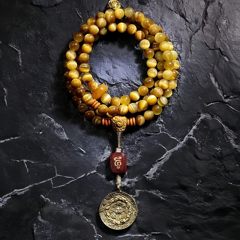 سوار يد من خرز مالا 108 حبة من عين النمر مع شرابة دورجي 108 Mala Beads Tiger Eye Dorje Tassel Bracelet