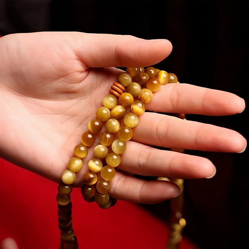 سوار يد من خرز مالا 108 حبة من عين النمر مع شرابة دورجي 108 Mala Beads Tiger Eye Dorje Tassel Bracelet