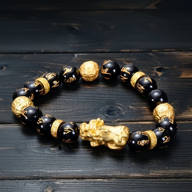 خاتم أوبسيديان الأسود أوم ماني بادمي هوم Black Obsidian Om Mani Padme Hum Bracelet