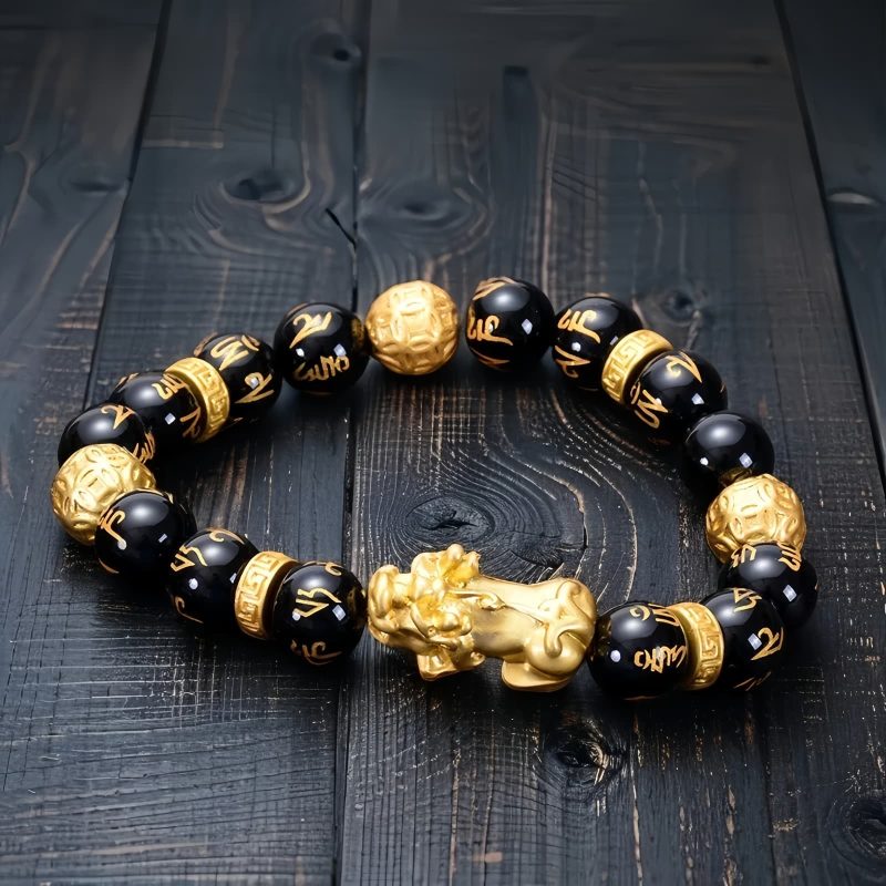 خاتم أوبسيديان الأسود أوم ماني بادمي هوم Black Obsidian Om Mani Padme Hum Bracelet