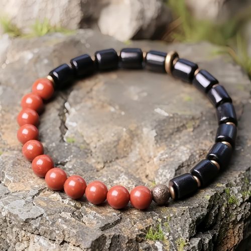 Brazalete de Pareja de Madera de Ébano y Jaspe Rojo para la Paz Brazalete de Pareja de Madera de Ébano y Jaspe Rojo para la Paz