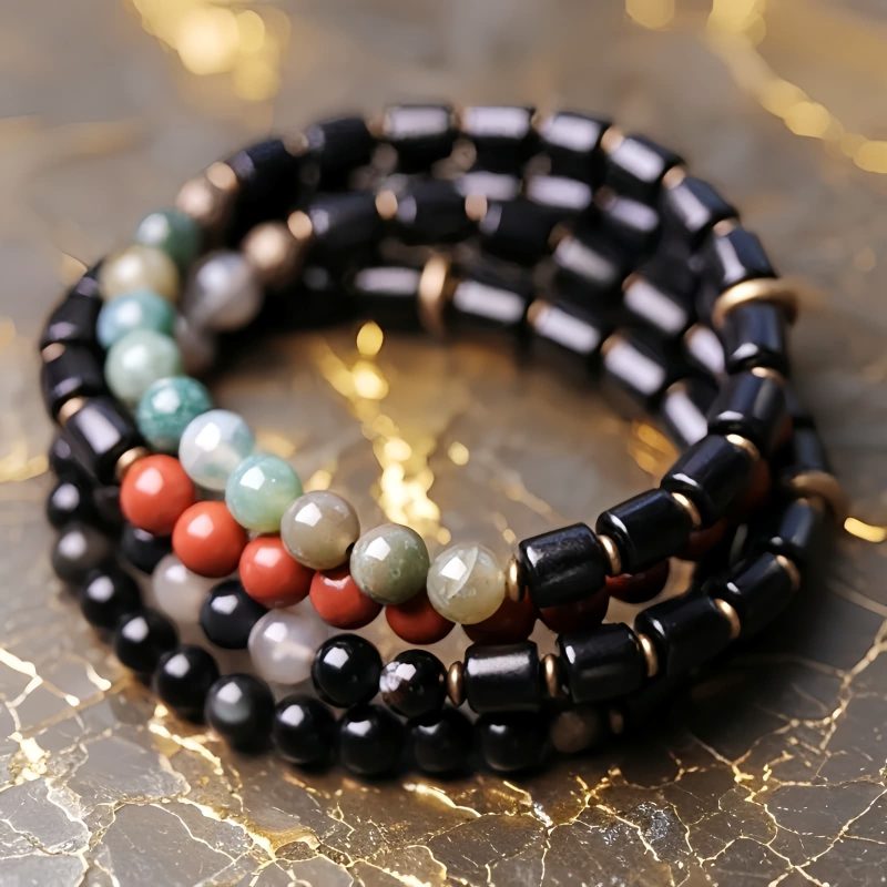 Brazalete de Pareja de Madera de Ébano y Jaspe Rojo para la Paz Ebony Wood Red Jasper Peace Couple Bracelet