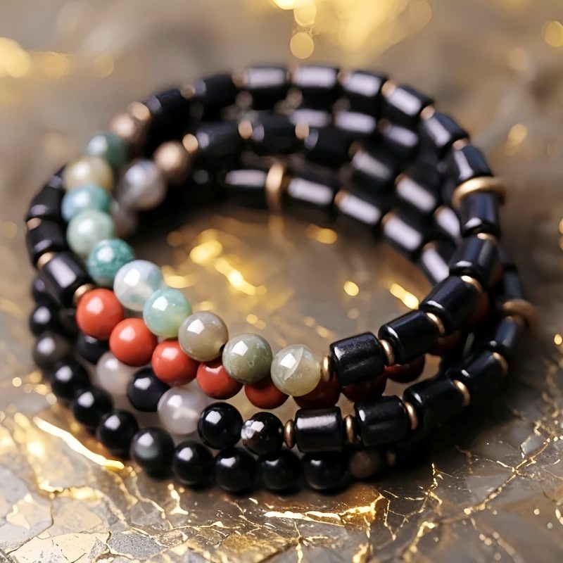 Brazalete de Pareja de Madera de Ébano y Jaspe Rojo para la Paz Ebony Wood Red Jasper Peace Couple Bracelet
