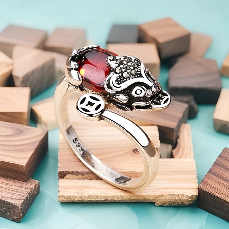 Anel Feng Shui de Granada Pixiu para Prosperidade Feng Shui Garnet PiXiu Wealth Ring