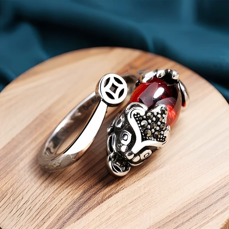 Anel Feng Shui de Granada Pixiu para Prosperidade Feng Shui Garnet PiXiu Wealth Ring