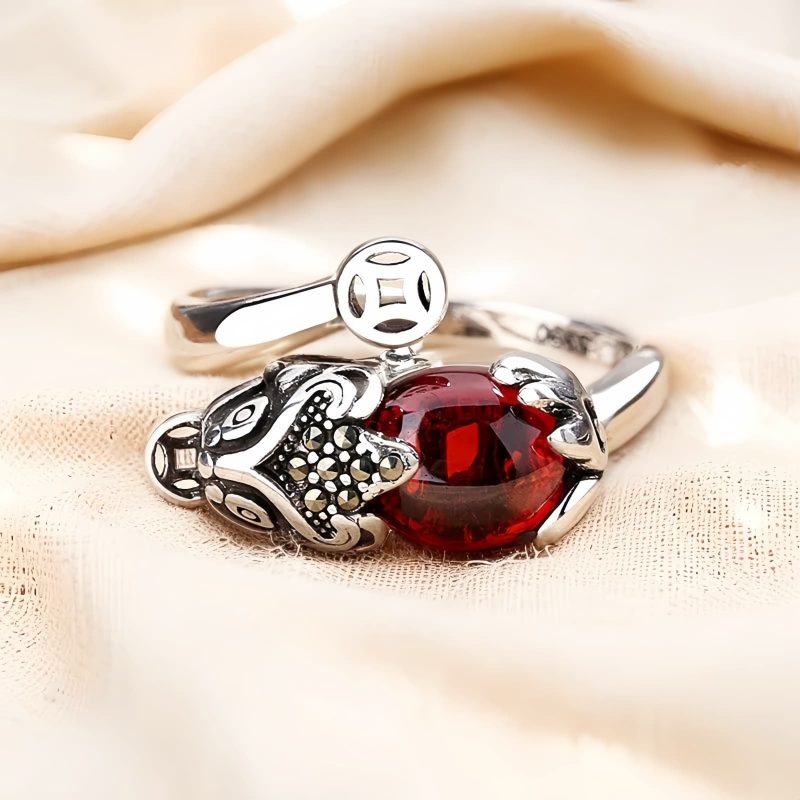 Anel Feng Shui de Granada Pixiu para Prosperidade Feng Shui Garnet PiXiu Wealth Ring