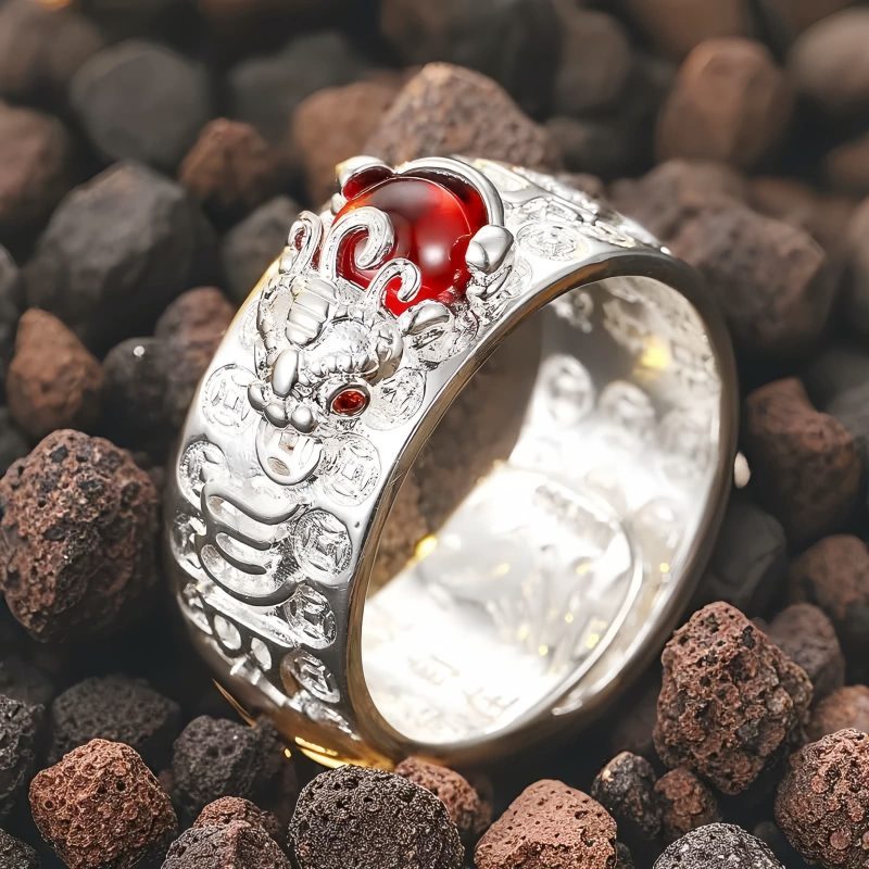 Anillo de la Fortuna con Granate Feng Shui y Diseño Pi Xiu FengShui Garnet Wealth Ring with PiXiu Design