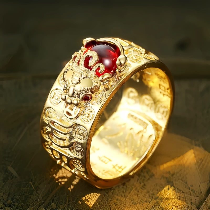 Anillo de la Fortuna con Granate Feng Shui y Diseño Pi Xiu FengShui Garnet Wealth Ring with PiXiu Design