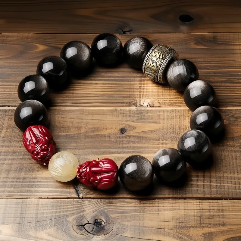 سوار يد من حجر الأوبسيديان الذهبي مع نقش "أوم ماني بادمي هوم" Gold Sheen Obsidian Om Mani Padme Hum Bracelet