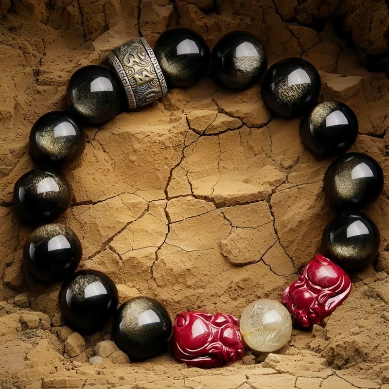 سوار يد من حجر الأوبسيديان الذهبي مع نقش "أوم ماني بادمي هوم" Gold Sheen Obsidian Om Mani Padme Hum Bracelet