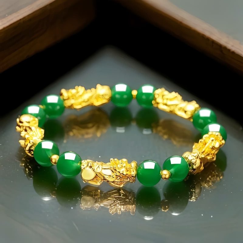 Pulsera de la Fortuna con Pixiu Dorado y Ágata Roja Golden Pixiu Wealth Bracelet with Red Agate