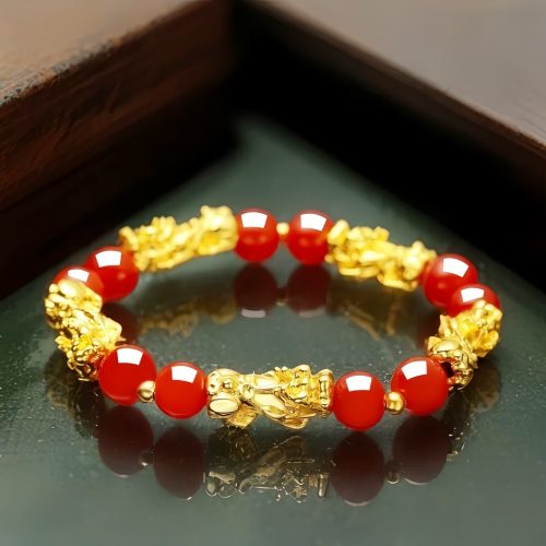 Pulsera de la Fortuna con Pixiu Dorado y Ágata Roja Pulsera de la Fortuna con Pixiu Dorado y Ágata Roja
