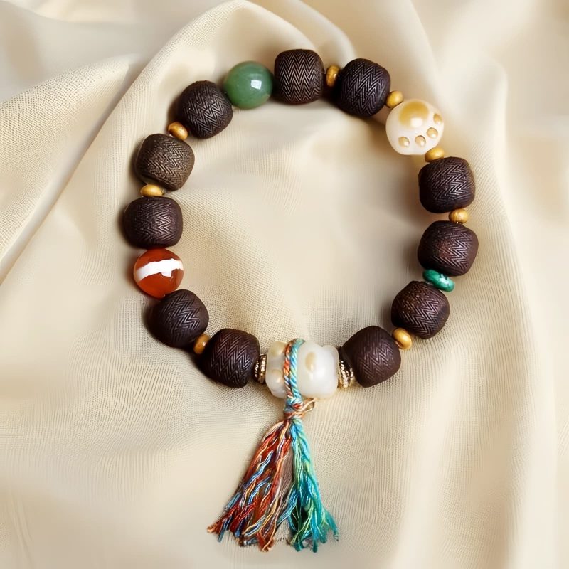 سوار يد من خشب عود قينان الأخضر وبذور بودهي للسلام Green Qinan Agarwood Bodhi Seed Peace Bracelet