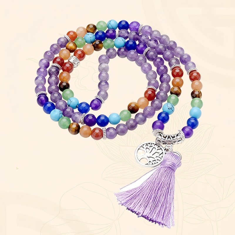 Colar Mala de 108 Contas em Olho de Tigre e Ametista em Camadas Multilayer Tiger Eye Amethyst 108 Mala Necklace