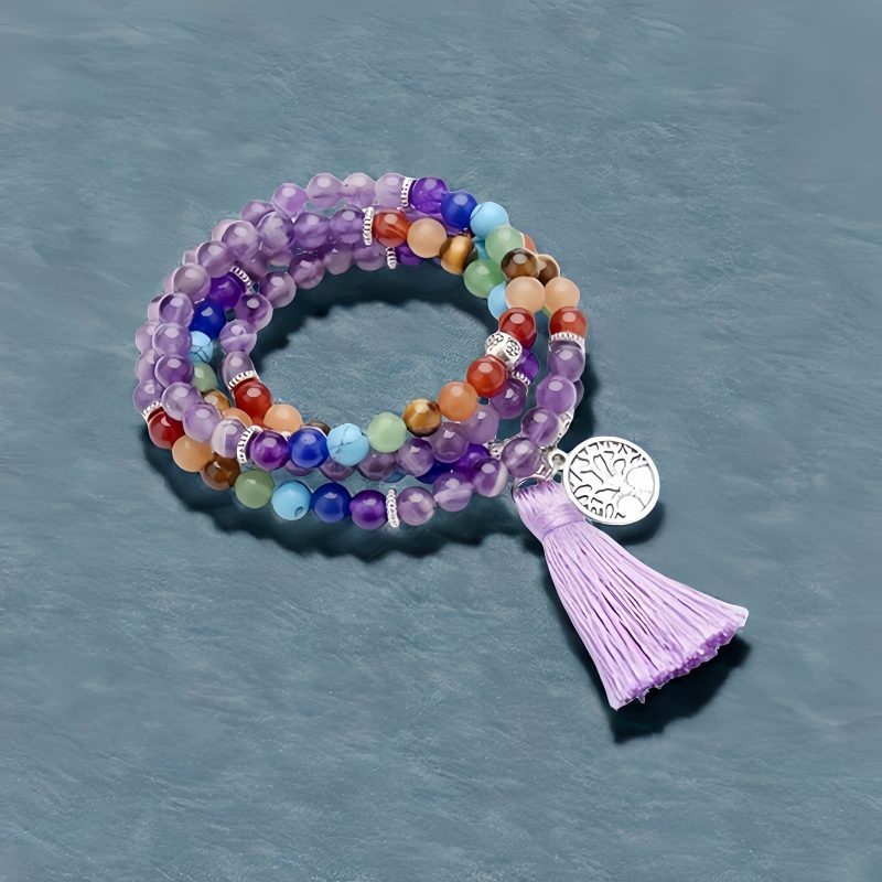 Colar Mala de 108 Contas em Olho de Tigre e Ametista em Camadas Multilayer Tiger Eye Amethyst 108 Mala Necklace