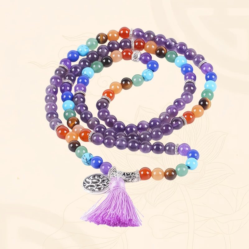 Colar Mala de 108 Contas em Olho de Tigre e Ametista em Camadas Multilayer Tiger Eye Amethyst 108 Mala Necklace