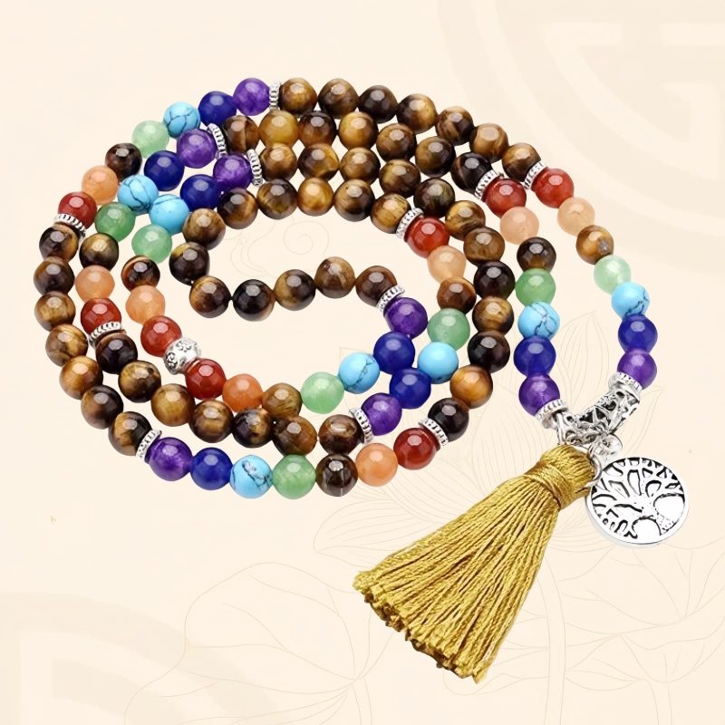 Colar Mala de 108 Contas em Olho de Tigre e Ametista em Camadas Multilayer Tiger Eye Amethyst 108 Mala Necklace
