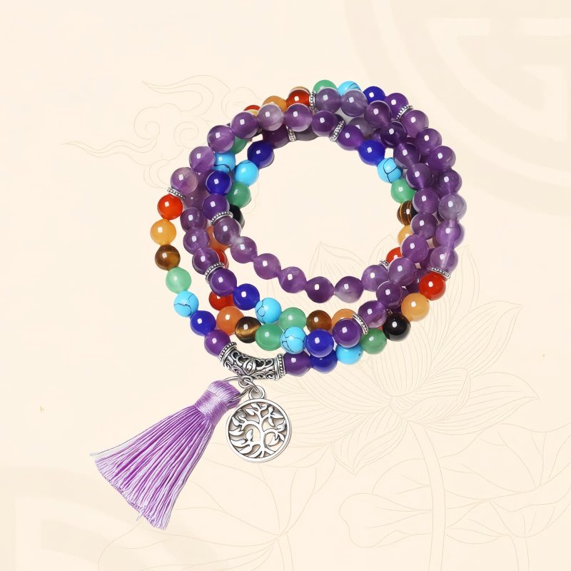 Colar Mala de 108 Contas em Olho de Tigre e Ametista em Camadas Multilayer Tiger Eye Amethyst 108 Mala Necklace