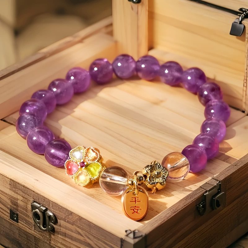 Pulseira de Cura de Cristal Branco e Ametista Natural Natural Amethyst White Crystal Healing Bracelet