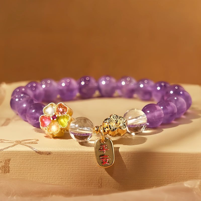 Pulseira de Cura de Cristal Branco e Ametista Natural Natural Amethyst White Crystal Healing Bracelet