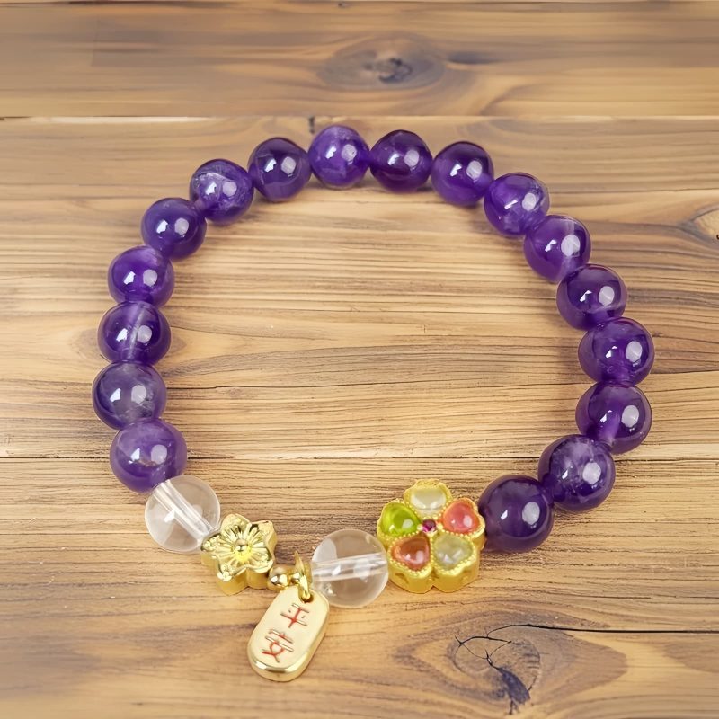 Pulseira de Cura de Cristal Branco e Ametista Natural Natural Amethyst White Crystal Healing Bracelet