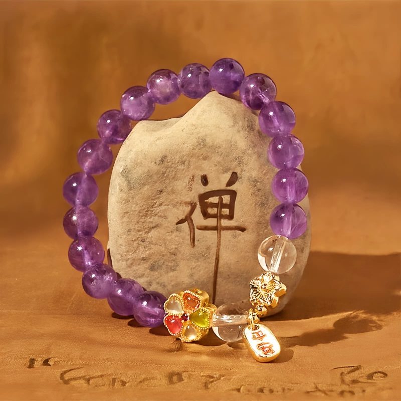 Pulseira de Cura de Cristal Branco e Ametista Natural Natural Amethyst White Crystal Healing Bracelet