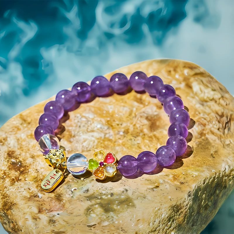 Pulseira de Cura de Cristal Branco e Ametista Natural Natural Amethyst White Crystal Healing Bracelet
