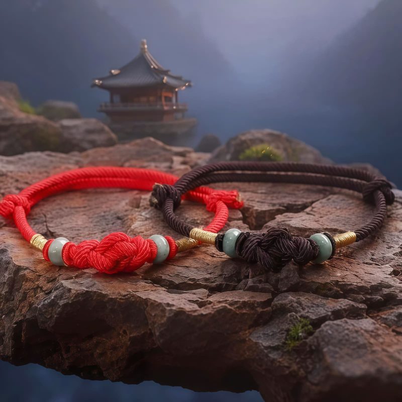 Pulsera de Pareja con Nudo de la Fortuna de Hilo Rojo y Jade Red String Jade Fortune Knot Couple Bracelet