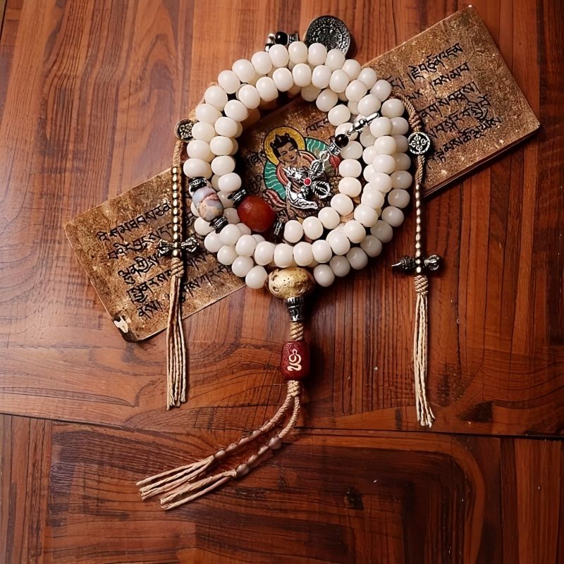 Pulseira da Fortuna Tibetana 108 Sementes de Bodhi, Contas Dzi e Ágata Cinza Tibet 108 Mala Bodhi Seed Dzi Bead Gray Agate Wealth Bracelet