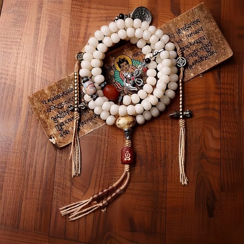Pulseira da Fortuna Tibetana 108 Sementes de Bodhi, Contas Dzi e Ágata Cinza Tibet 108 Mala Bodhi Seed Dzi Bead Gray Agate Wealth Bracelet