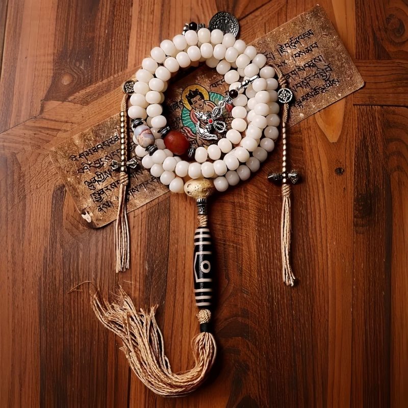 Pulseira da Fortuna Tibetana 108 Sementes de Bodhi, Contas Dzi e Ágata Cinza Tibet 108 Mala Bodhi Seed Dzi Bead Gray Agate Wealth Bracelet