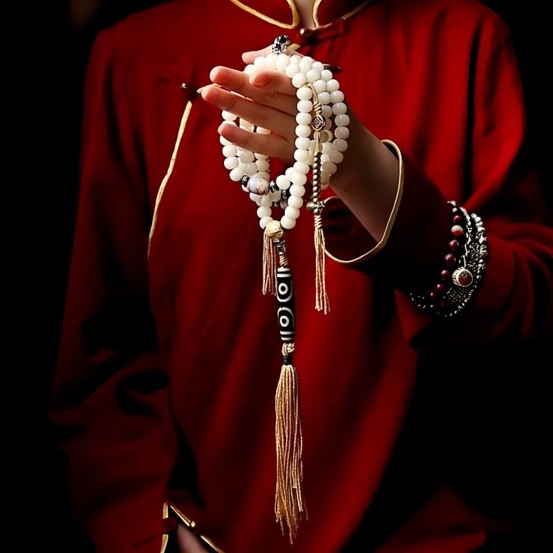 Pulseira da Fortuna Tibetana 108 Sementes de Bodhi, Contas Dzi e Ágata Cinza Tibet 108 Mala Bodhi Seed Dzi Bead Gray Agate Wealth Bracelet