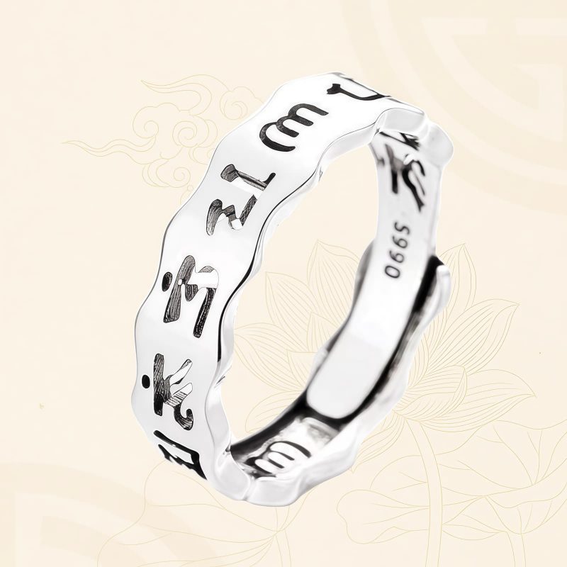 チベット銀925 オム マニ ペメ フム 空洞平和リング Tibetan 925 Silver Om Mani Padme Hum Hollow Peace Ring