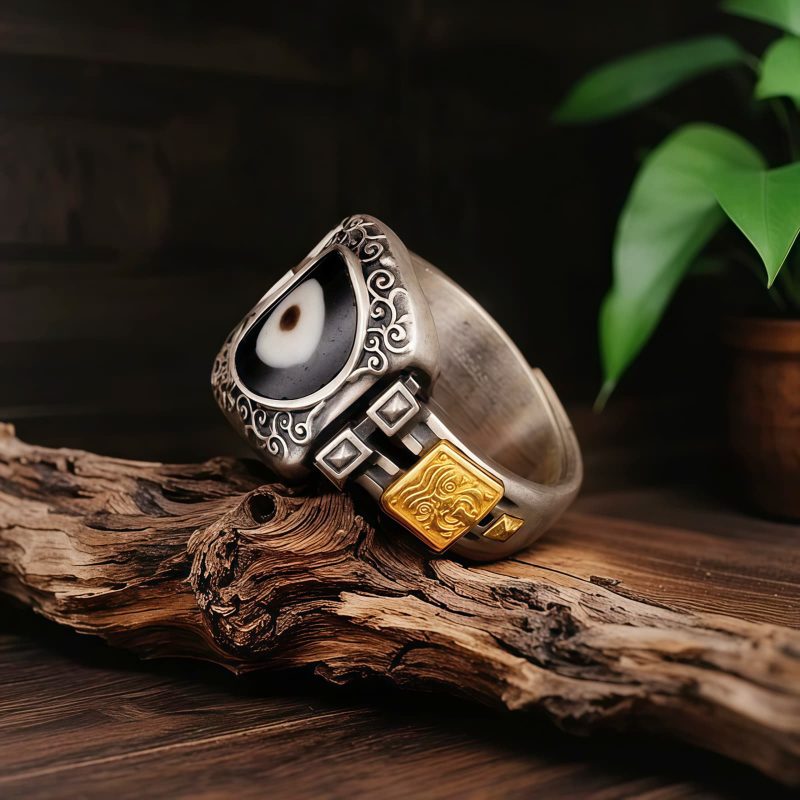 Anillo de Dzi con Diosa de la Riqueza en Plata Esterlina 925 Tibetana Tibetan 925 Sterling Silver Goddess of Wealth Dzi Bead Ring