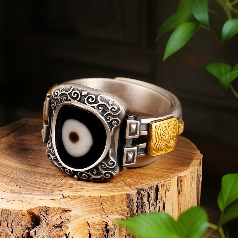 Anillo de Dzi con Diosa de la Riqueza en Plata Esterlina 925 Tibetana Tibetan 925 Sterling Silver Goddess of Wealth Dzi Bead Ring