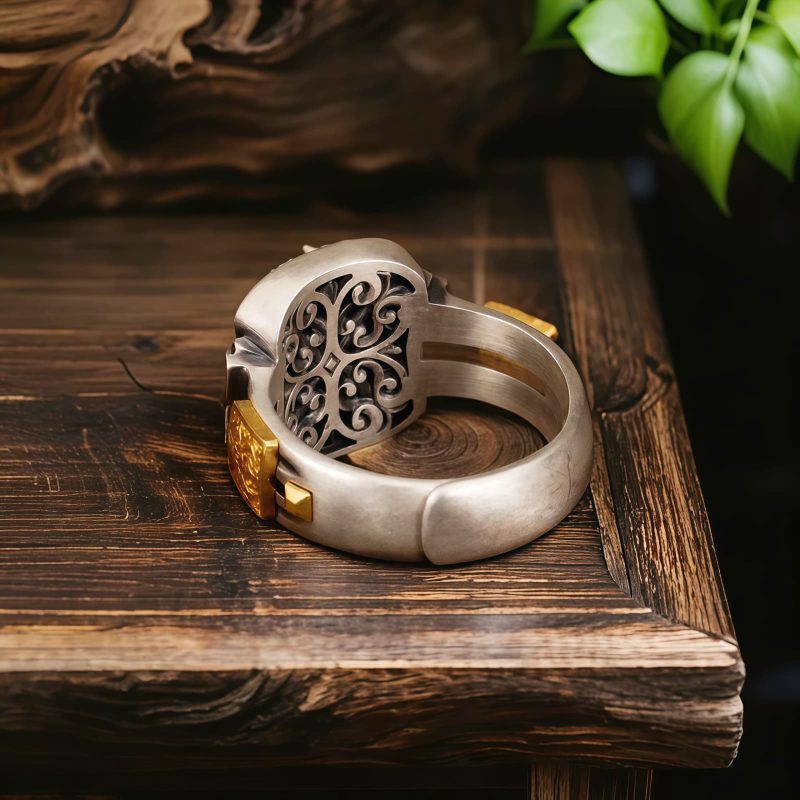 Anillo de Dzi con Diosa de la Riqueza en Plata Esterlina 925 Tibetana Tibetan 925 Sterling Silver Goddess of Wealth Dzi Bead Ring