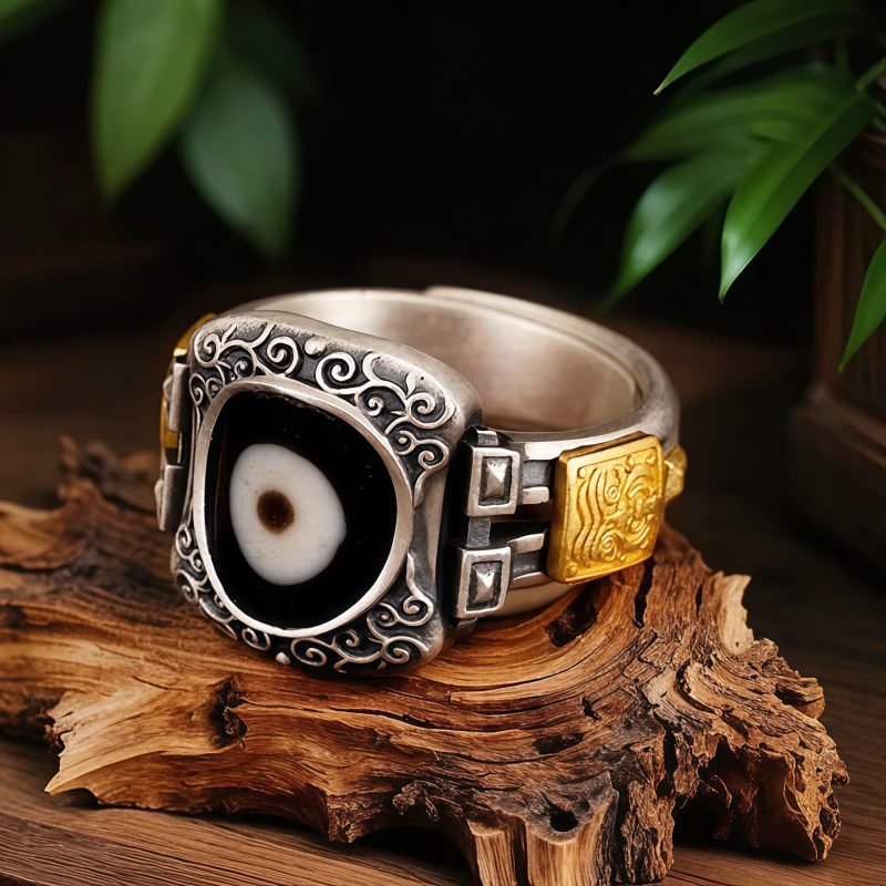 Anillo de Dzi con Diosa de la Riqueza en Plata Esterlina 925 Tibetana Tibetan 925 Sterling Silver Goddess of Wealth Dzi Bead Ring