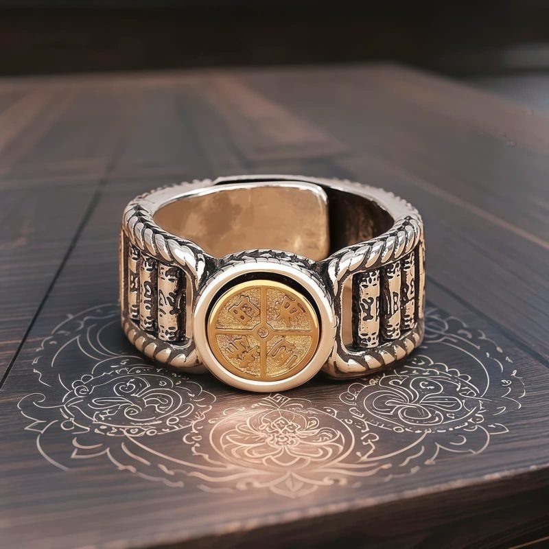 Anillo giratorio de moneda de cobre tibetana tallada Tibetan Carved Copper Coin Rotatable Ring