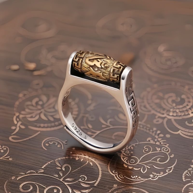 Anillo giratorio de moneda de cobre tibetana tallada Tibetan Carved Copper Coin Rotatable Ring