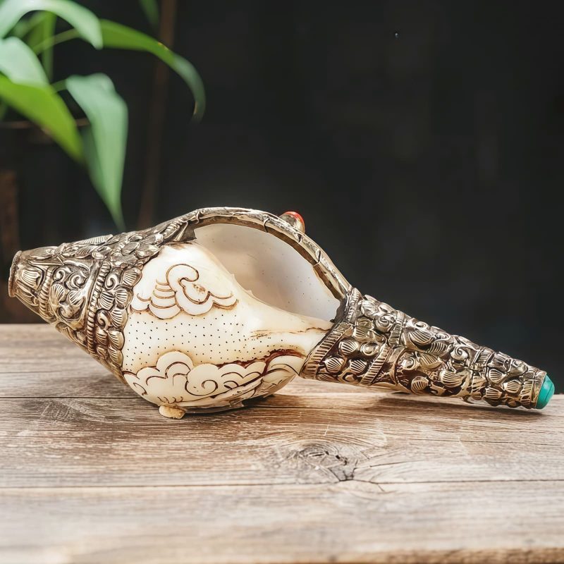 Decoración Budista Tibetana de Concha Shankha Grabada para la Riqueza Tibetan Engraved Shankha Buddha Wealth Decor